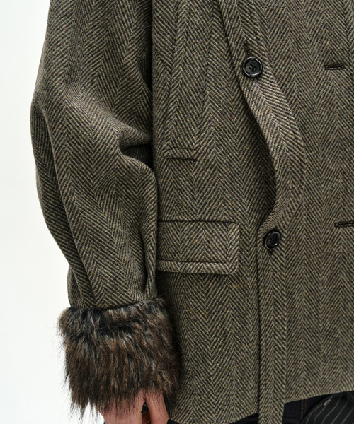 FUR CUFF HIGH NECK COAT (BROWN)