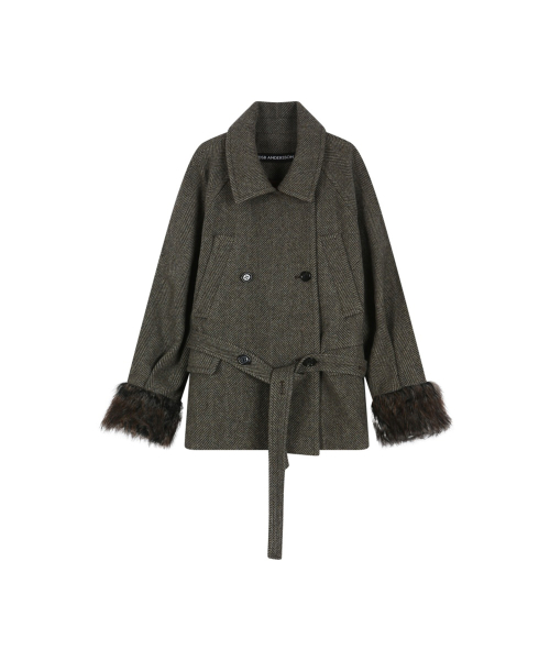 FUR CUFF HIGH NECK COAT (BROWN)