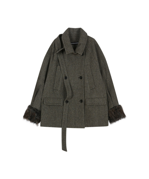FUR CUFF HIGH NECK COAT (BROWN)