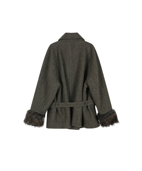 FUR CUFF HIGH NECK COAT (BROWN)