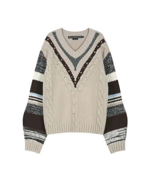 STUDDED CABLE V-NECK MULTI-STRIPE PULLOVER (IVORY)