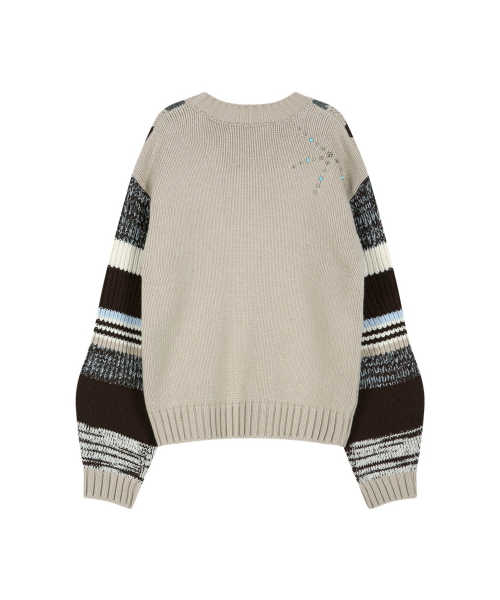 STUDDED CABLE V-NECK MULTI-STRIPE PULLOVER (IVORY)