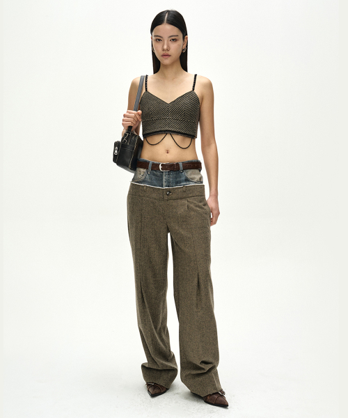 DENIM-WAIST HERRINGBONE TROUSERS (KHAKI BROWN)