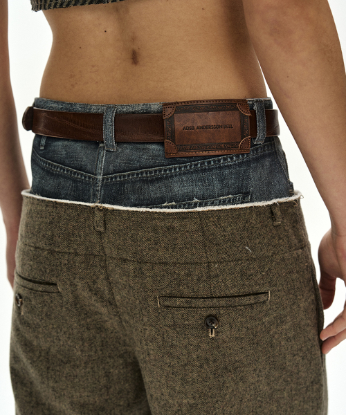 DENIM-WAIST HERRINGBONE TROUSERS (KHAKI BROWN)