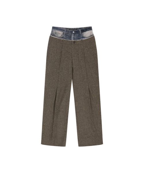DENIM-WAIST HERRINGBONE TROUSERS (KHAKI BROWN)