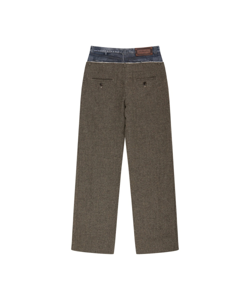 DENIM-WAIST HERRINGBONE TROUSERS (KHAKI BROWN)