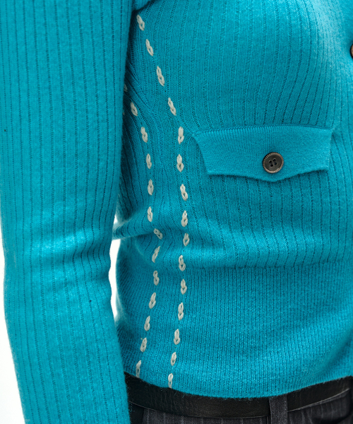 CASHMERE HAND STITCHED RIB CARDIGAN (BLUE)