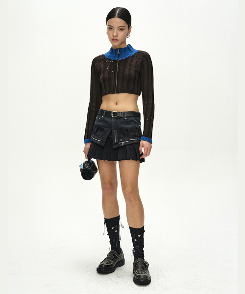 STUDDED WIDE RIB CROP ZIP-UP (BROWN/BLUE)