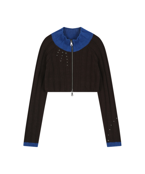 STUDDED WIDE RIB CROP ZIP-UP (BROWN/BLUE)
