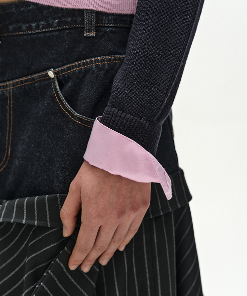 LAYERED SHIRT CUFF KNIT TOP (NAVY/PINK)