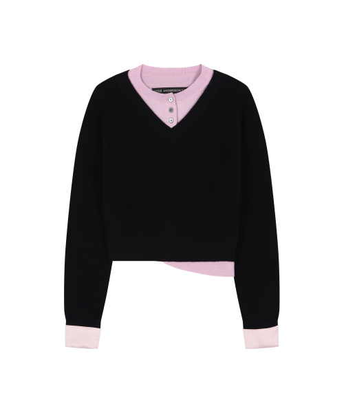 LAYERED SHIRT CUFF KNIT TOP (NAVY/PINK)