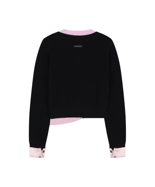 LAYERED SHIRT CUFF KNIT TOP (NAVY/PINK)