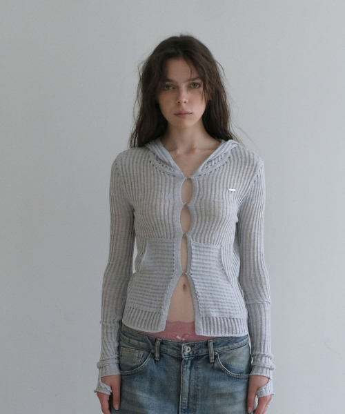SHEER RIBBED HOODED CARDIGAN [MELANGE GRAY]
