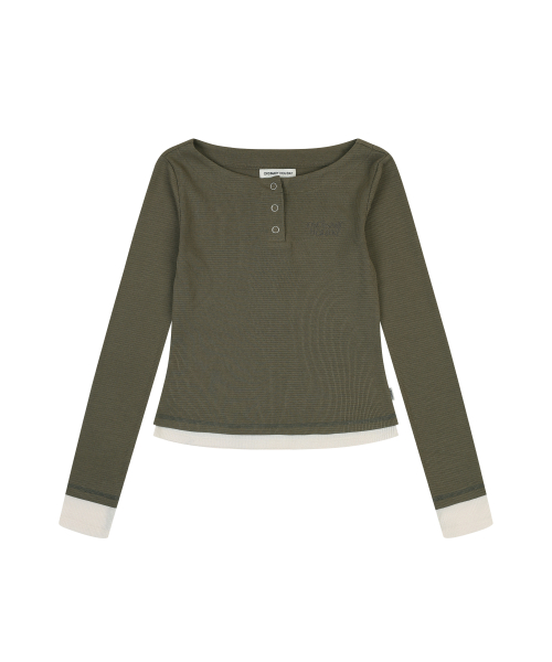 WAFFLE BUTTON-UP SLIM TOP [KHAKI]