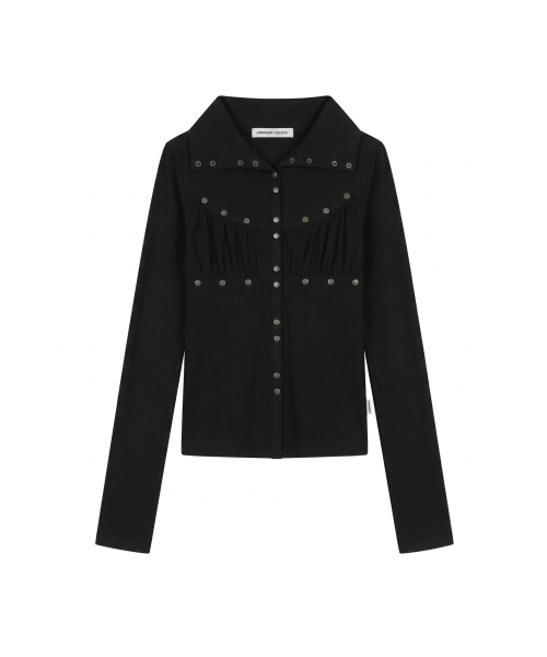 STUD SHIRRING JERSEY CARDIGAN [BLACK]