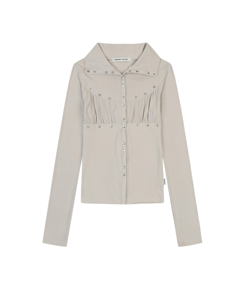 STUD SHIRRING JERSEY CARDIGAN [BEIGE]