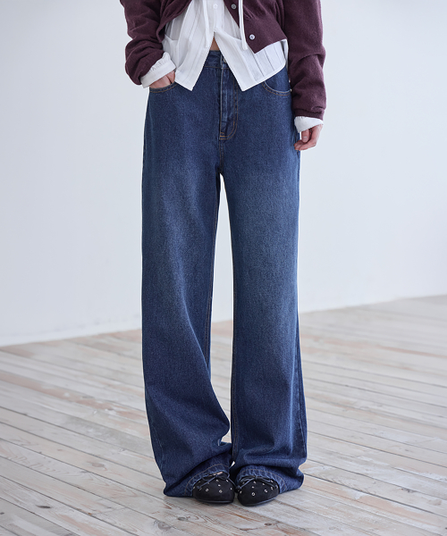 Straight Semi Flare Jeans, D.BLUE