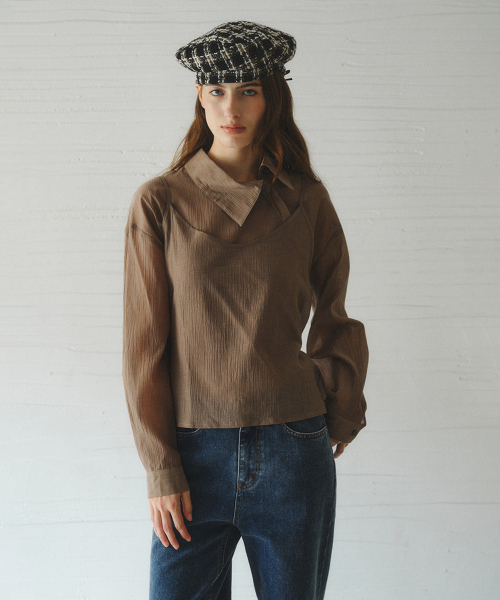 NESIA bustier unbalanced blouse set_BROWN
