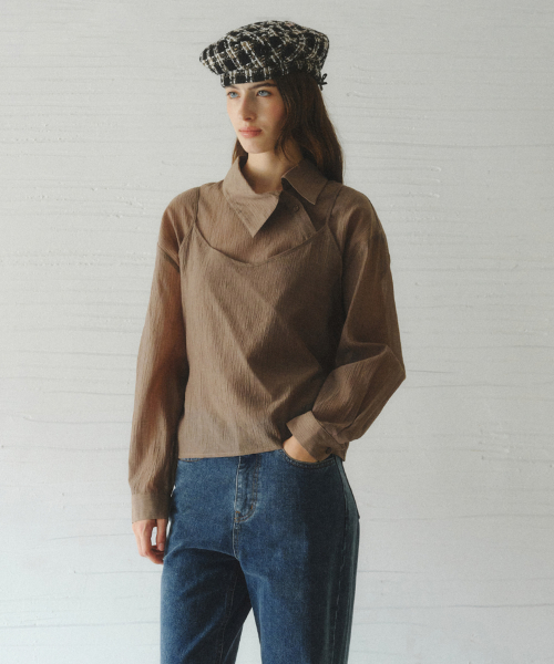 NESIA bustier unbalanced blouse set_BROWN