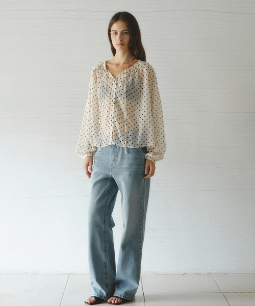 LUCIA raglan shirring dot blouse_BEIGE DOT