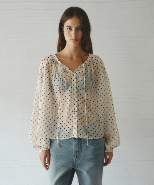LUCIA raglan shirring dot blouse_BEIGE DOT