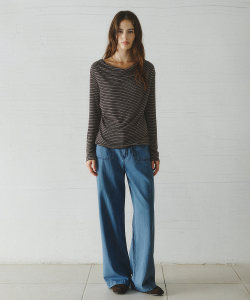 GRACE draped stripe t-shirt_BROWN STRIPE