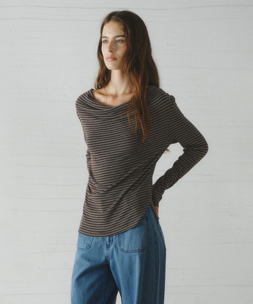 GRACE draped stripe t-shirt_BROWN STRIPE