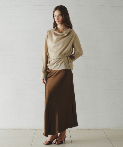 ALOHA unbalanced satin long skirt_BROWN