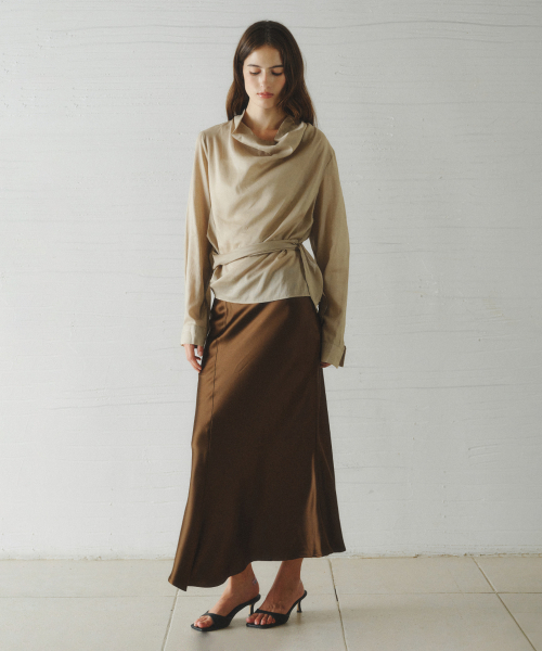 ALOHA unbalanced satin long skirt_BROWN