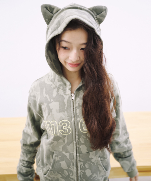 M3OW CAT EAR HOODIE ZIP UP - CAMO