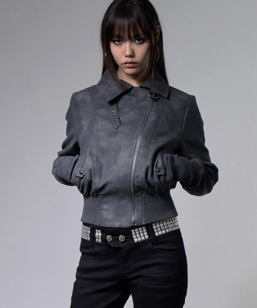 HIGH-NECK RIBBED LEATHER JACKET (CHARCOAL) F26ZA506