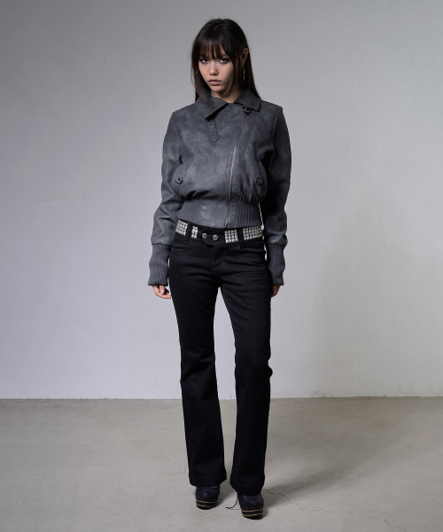 HIGH-NECK RIBBED LEATHER JACKET (CHARCOAL) F26ZA506