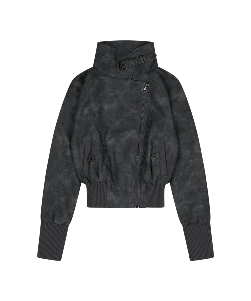 HIGH-NECK RIBBED LEATHER JACKET (CHARCOAL) F26ZA506