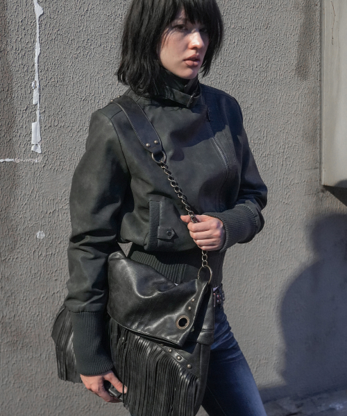 HIGH-NECK RIBBED LEATHER JACKET (CHARCOAL) F26ZA506