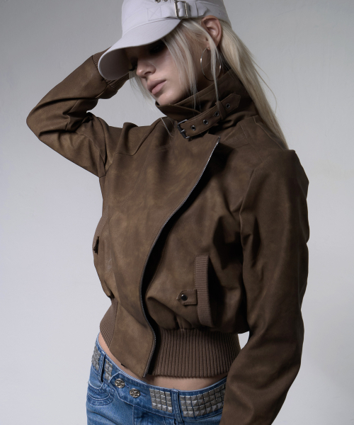 HIGH-NECK RIBBED LEATHER JACKET (BROWN) F26ZA506