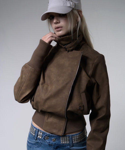 HIGH-NECK RIBBED LEATHER JACKET (BROWN) F26ZA506