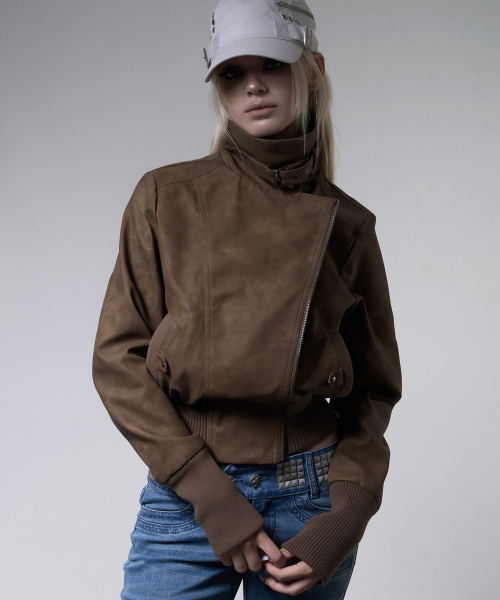 HIGH-NECK RIBBED LEATHER JACKET (BROWN) F26ZA506