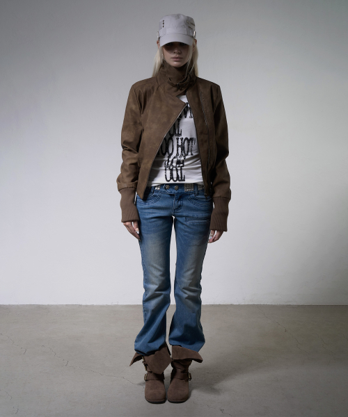 HIGH-NECK RIBBED LEATHER JACKET (BROWN) F26ZA506
