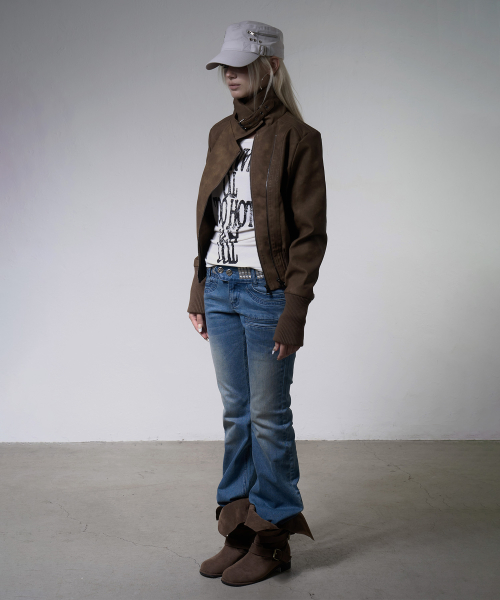 HIGH-NECK RIBBED LEATHER JACKET (BROWN) F26ZA506