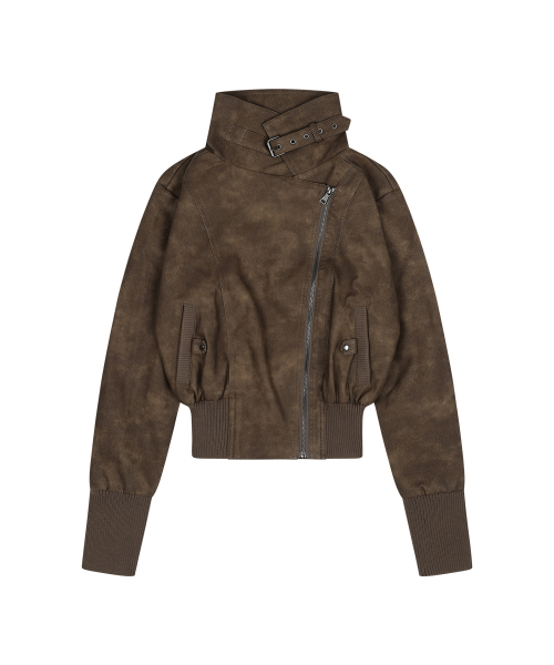 HIGH-NECK RIBBED LEATHER JACKET (BROWN) F26ZA506