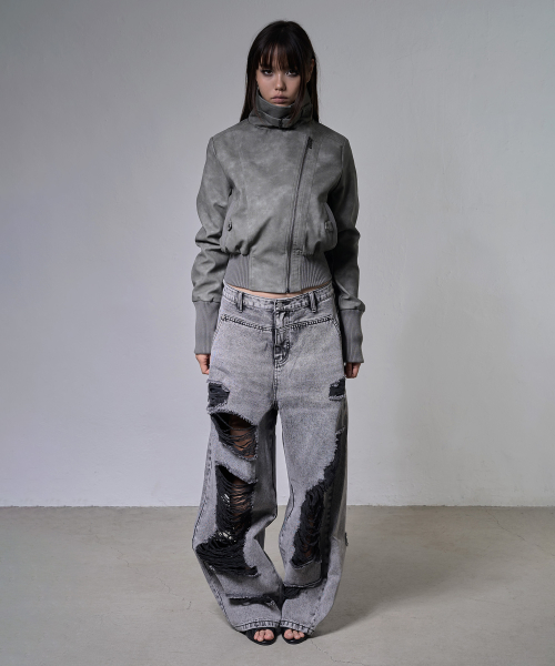 HIGH-NECK RIBBED LEATHER JACKET (LIGHT GRAY) F26ZA506