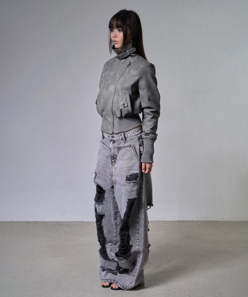 HIGH-NECK RIBBED LEATHER JACKET (LIGHT GRAY) F26ZA506