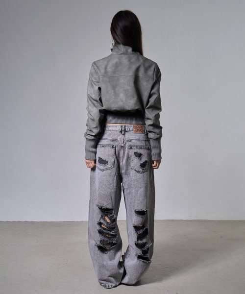 HIGH-NECK RIBBED LEATHER JACKET (LIGHT GRAY) F26ZA506