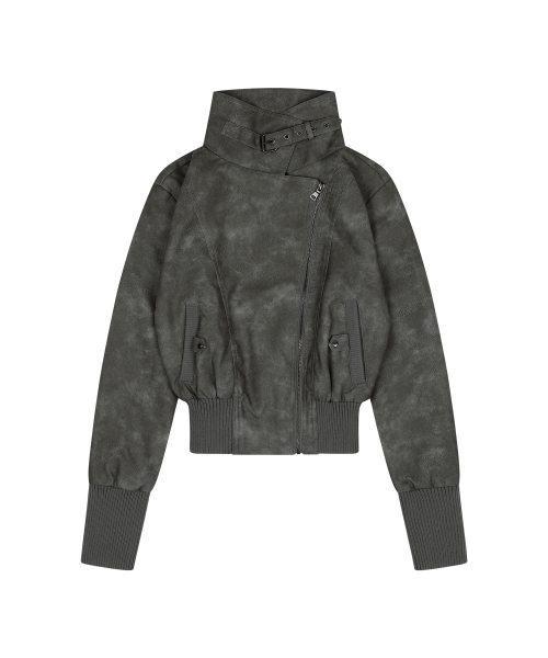 HIGH-NECK RIBBED LEATHER JACKET (LIGHT GRAY) F26ZA506