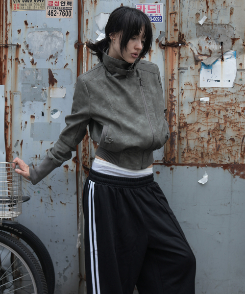 HIGH-NECK RIBBED LEATHER JACKET (LIGHT GRAY) F26ZA506