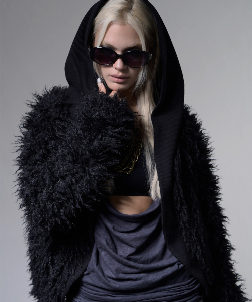 RIBBED HOODED FUR CARDIGAN (BLACK) F26ZA504
