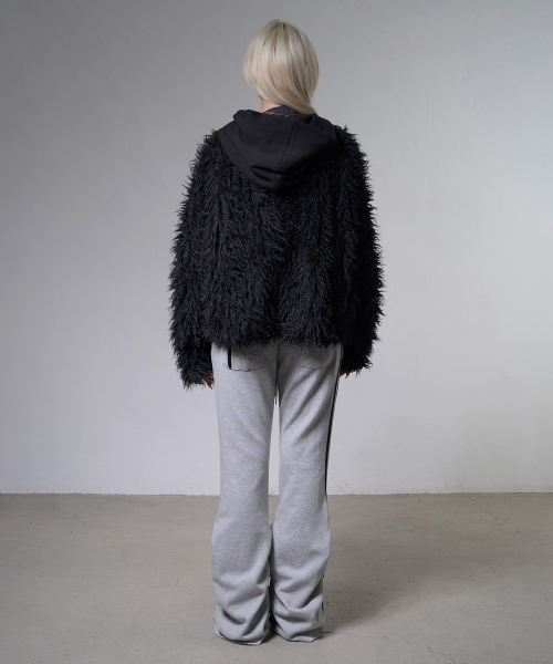 RIBBED HOODED FUR CARDIGAN (BLACK) F26ZA504