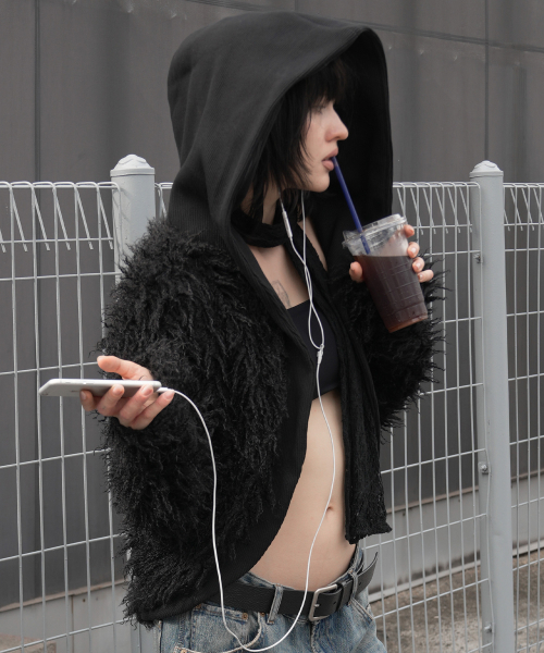 RIBBED HOODED FUR CARDIGAN (BLACK) F26ZA504