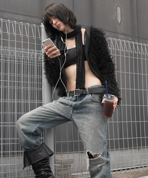 RIBBED HOODED FUR CARDIGAN (BLACK) F26ZA504