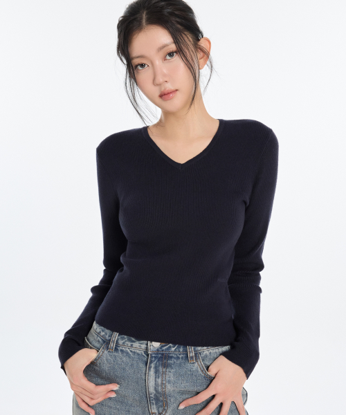 W Basic Ribbed Crop Vneck Knit (3 Colors)